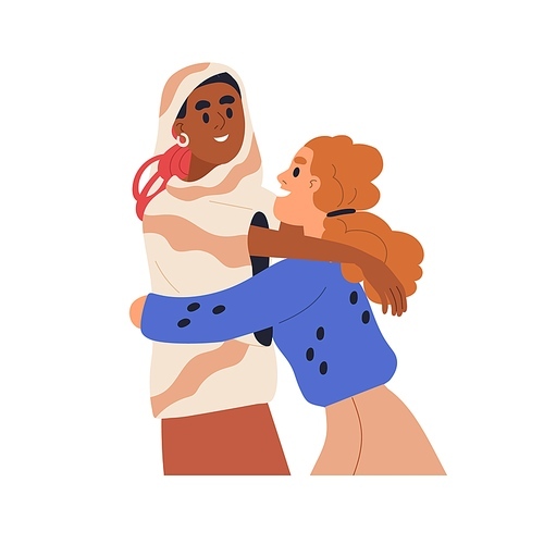 Girls in love. Lesbian women meeting, hugging. Homosexual girlfriends, romantic partners of different race. Happy LGBT female couple embracing. Flat vector illustration isolated on white .