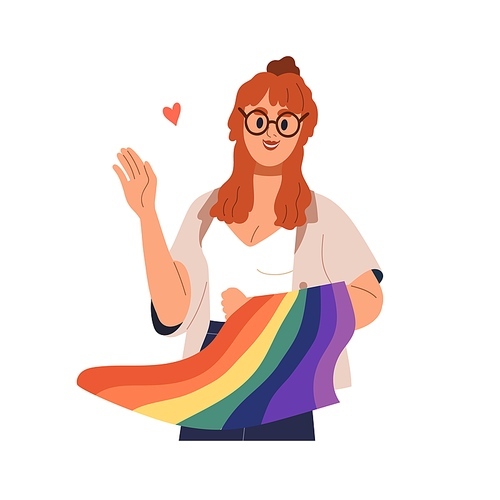 Lesbian woman with LGBT rainbow flag. Happy homosexual girl activist portrait. Smiling LGBTQ female character greeting smb with hand gesture. Flat vector illustration isolated on white .