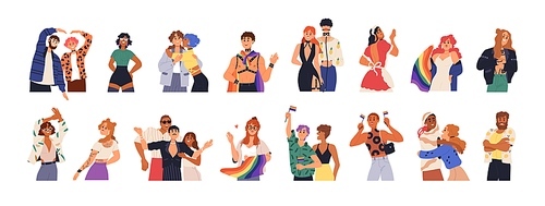 LGBT people set. LGBTQ, homosexual, heterosexual couples, men, women, trangenders. Diverse love, sexual fetishes, gay and lesbian relationships. Flat vector illustrations isolated on white .