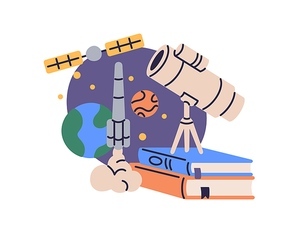Astronomy concept. School subject, lesson about space. Cosmos science, education. Books, telescope for study. Spaceship, planets composition. Flat vector illustration isolated on white .