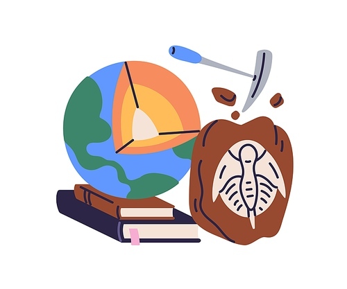 Geology science education concept. Earth planet section with core, fossils and geological books for study at school lessons. Globe research. Flat vector illustration isolated on white .