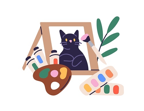 Fine art education concept. Drawing, picture of cat on paper, paints palette, brush, painting supplies, tools, accessories, stuff composition. Flat vector illustration isolated on white .