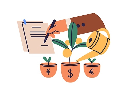 Business and finance, financial literacy concept. Signing investment, deposit bank agreement for capital growth. Economics and investing study. Flat vector illustration isolated on white .