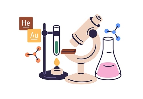 Chemistry science study concept. Chemical lab research, laboratory experiment. Microscope, test tube, glass flask composition for education. Flat vector illustration isolated on white .