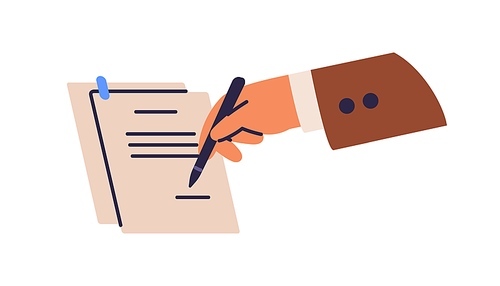 Hand signing business document. Signature on paper contract, legal agreement. Commercial deal conclusion, paperwork, verification concept. Flat vector illustration isolated on white .