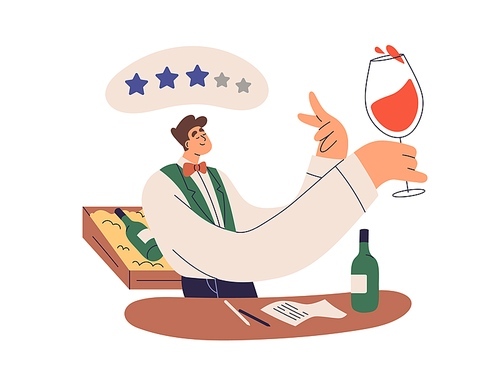 Sommelier drinking, trying wine from glass. Expert, critic reviewing smell, flavor, taste, quality, holding wineglass during winetasting. Flat graphic vector illustration isolated on white .