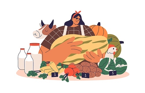 Farmer selling organic food, farm eco vegetables, dairy products at local market. Vendor with fresh healthy harvest, season crops, milk. Flat graphic vector illustration isolated on white .