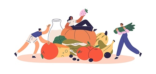 People and healthy farm food. Tiny characters with eco local organic harvest, dairy products, vitamin vegetables, crops, fruits, milk and cheese. Flat vector illustration isolated on white .