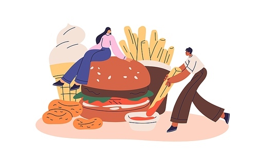 Fast food concept. Tiny people eating fastfood, huge burger, french fries with sauce, fat desserts, ice-cream, donuts. Tasty unhealthy junkfood. Flat vector illustration isolated on white .