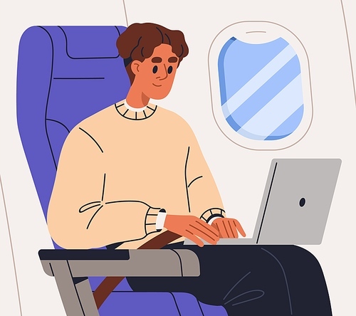 Passenger with laptop, sitting in airplane chair. Tourist with computer on knees during air flight, business travel. Businessman works at PC in plane, aircraft onboard. Flat vector illustration.
