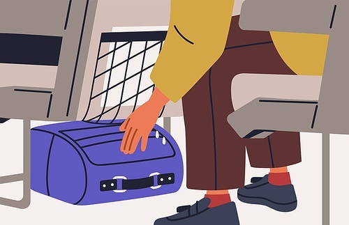 Plane passenger placing hand luggage under seat in front of his chair. Air tourist putting personal bag, baggage underneath for storage during aircraft flight for safety. Flat vector illustration.