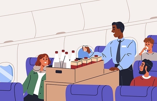 Steward with trolley in plane aisle, offering drinks for passengers. Flight attendant with cart in airplane, aircraft during inflight service. People on seats ordering food. Flat vector illustration.