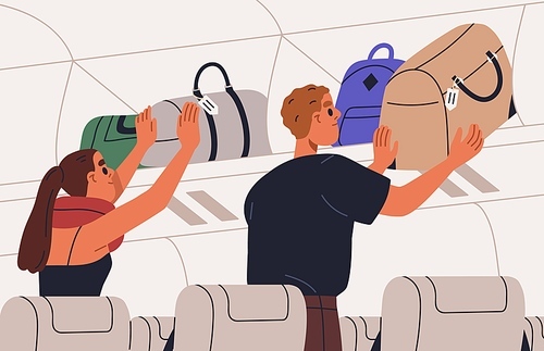 Passengers placing hand baggage, personal carry-on luggage on overhead bin, shelf in air plane. People putting bags, suitcases, backpacks on top storage, over airplane seats. Flat vector illustration.