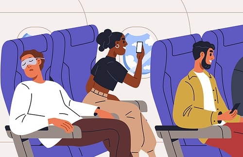 Happy passenger in air plane taking photo with mobile phone. Excited woman tourist sitting by airplane porthole with smartphone, looking at sky, clouds during flight. Flat vector illustration.