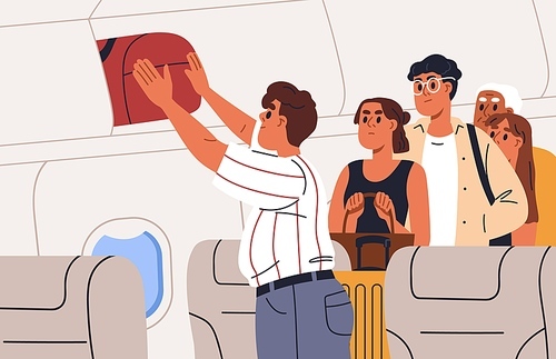 Passenger placing hand luggage, bag on overhead bin in airplane. Angry people waiting in air plane aisle while man putting carry-on baggage on shelf, aircraft cupboard. Flat vector illustration.