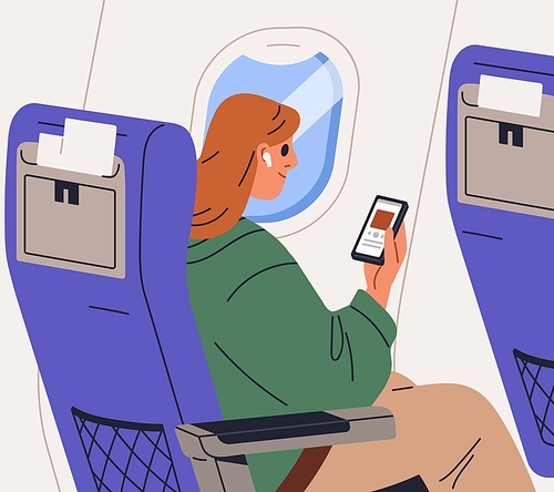 Air passenger listening to music in earphones during flight. Woman tourist sitting in airplane seat with mobile phone. Girl with smartphone by porthole in plane, aircraft. Flat vector illustration.