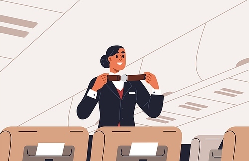 Stewardess during safety instructions in air plane. Flight attendant in airplane aisle, telling rules, instructing to fasten seat belts. Aircraft crew, security demonstration. Flat vector illustration.