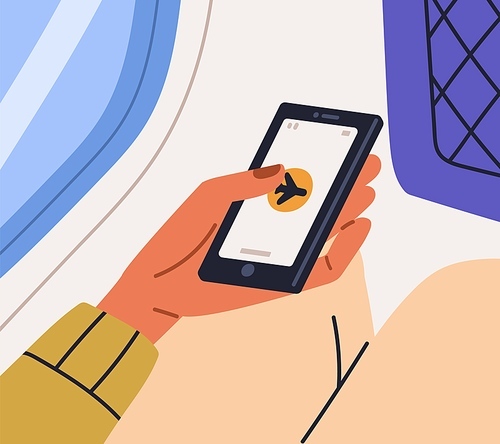 Turning on and off airplane flight mode of mobile phone for safety in air plane. Passengers hand using smartphone onboard, in aircraft during taking off and landing. Flat vector illustration.