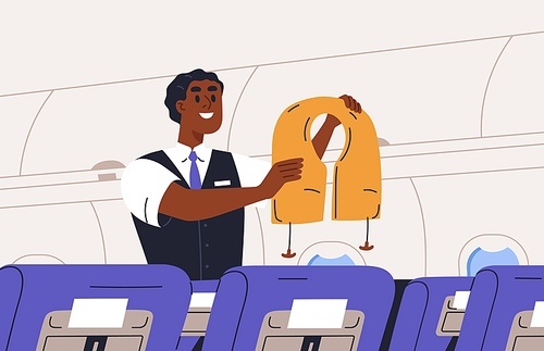 Steward during safety instructions in air plane, life vest demonstration. Flight attendant standing in airplane aisle, instructing, explaining security rules for emergency. Flat vector illustration.