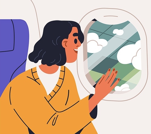 Happy passenger looking out of window, porthole during air plane flight, travel. Excited woman tourist enjoying view on earth from above, sitting in airplane, aircraft. Flat vector illustration.