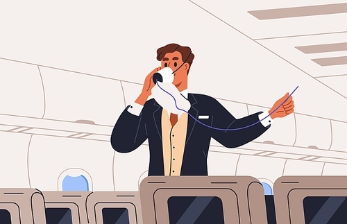 Flight attendant wears oxygen mask in air plane during safety instruction, demonstration for passengers. Steward instructing, demonstrating security rule in case of emergency. Flat vector illustration.