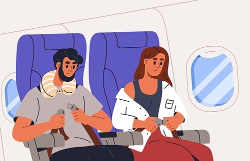 Air passengers fastening seat belts, sitting in chairs. People with plane seatbelts for safety landing and taking off. Man, woman tourists in airplane during flight. Flat vector illustration.