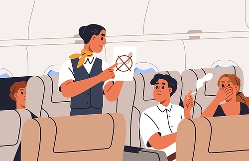 Stewardess ask passenger stop smoking in airplane on board. Flight attendant talking to smoker with cigarette, solving problem with bad behavior, breaking rules in air plane. Flat vector illustration.