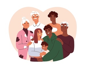 Happy big family portrait. Multiracial people of different generation, senior and young age together. Grandparents, parents, child reunion. Flat vector illustration isolated on white .