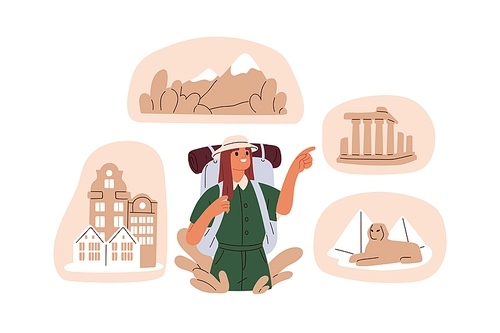 Travel and tourism concept. Tourist planning to visit landmarks, sightseeing, famous places. Girl with backpack, world tour, journey, trip. Flat vector illustration isolated on white .
