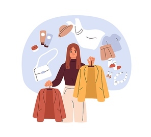 Fashion stylist with clothes, garment. Personal style, shopping concept. Woman choosing modern apparel, wearing, accessories for wardrobe. Flat vector illustration isolated on white .