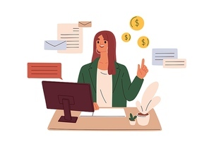 Accountant employee at work. Financial manager at computer desk. Businesswoman, office worker with finance and accounting documents, mail. Flat vector illustration isolated on white .