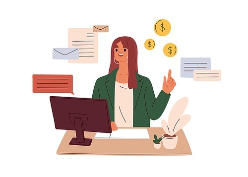 Accountant employee at work. Financial manager at computer desk. Businesswoman, office worker with finance and accounting documents, mail. Flat vector illustration isolated on white .