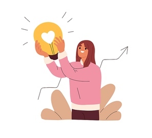 Business idea concept. Employee with lightbulb. Creative woman finding solution, answer at work with light bulb. Happy manager and innovation. Flat vector illustration isolated on white .