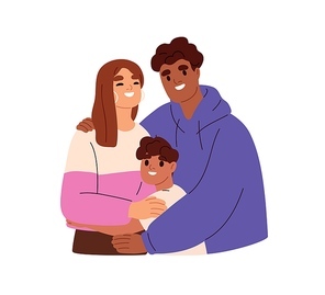 Happy interracial mixed family portrait with parents and child. International mother, father, kid. Biracial couple, mom and dad with son. Flat vector illustration isolated on white .