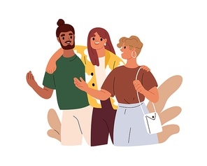 Happy friends, man and women walking, talking, hugging. People going and speaking together. Smiling male and female characters chatting. Flat vector illustration isolated on white .