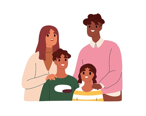 Family with children portrait. Happy international parents, kids. Mother, father, daughter and son of different race. Interracial mom, dad. Flat vector illustration isolated on white .