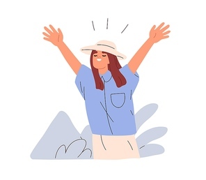 Happy girl tourist enjoying summer holiday. Young woman in hat excited about adventure, relaxing in nature on vacation, gesturing with arm up. Flat vector illustration isolated on white .