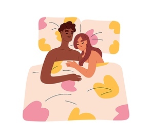 Romantic intimate relationship of interracial couple. Biracial love concept. Man and woman of mixed different race sleeping in bed together. Flat vector illustration isolated on white .