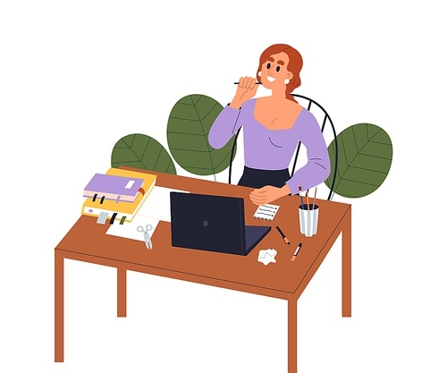 Creative woman at work. Inspired excited employee, office worker at desk with laptop computer. Happy creator creating, composing at workplace. Flat vector illustration isolated on white .