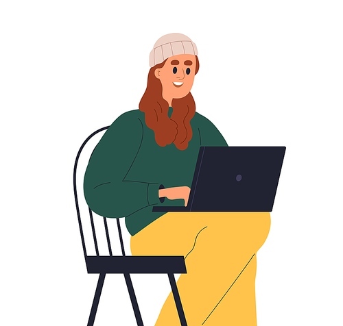 Happy woman works at laptop. Creative young freelancer sitting on chair with computer on knees. Inspired excited freelance worker working online. Flat vector illustration isolated on white .