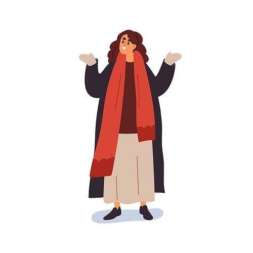 Happy woman in warm clothes enjoying winter. Female standing, wearing outerwear, coat and scarf, gesturing with hands in mittens with joy. Flat vector illustration isolated on white .