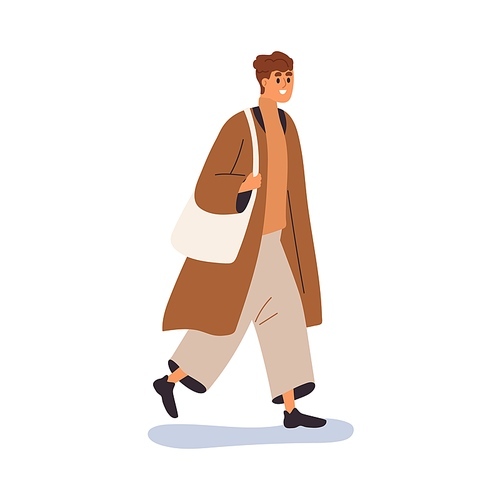 Happy man going outdoors in warm clothes, apparel in winter. Modern smiling guy walking, wearing fashion outerwear, coat and tote bag in street. Flat vector illustration isolated on white .