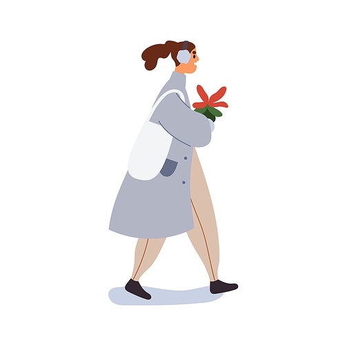 Happy woman walking with Christmas poinsettia plant outdoors. Girl going with festive holiday flower in pot after Xmas shopping in winter. Flat vector illustration isolated on white .