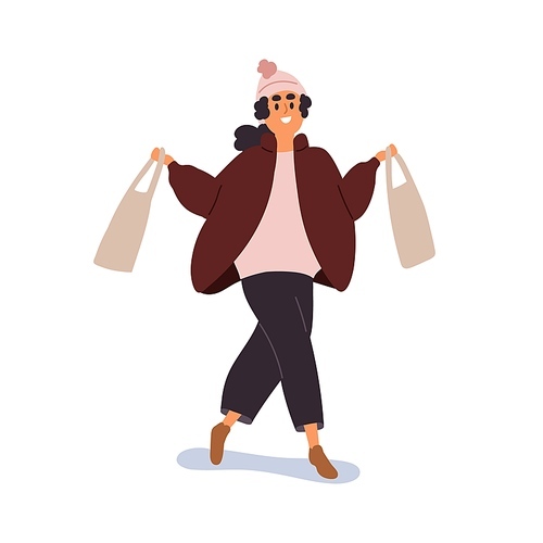 Happy woman going with shopping bags. Young smiling girl walking on street on winter holidays. Excited buyer with purchases at wintertime. Flat vector illustration isolated on white .