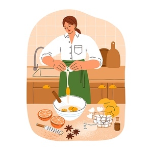 Woman cooking bakery at home kitchen. Girl making homemade cookie, preparing food, mixing eggs and flour ingredients in bowl at table. Flat graphic vector illustration isolated on white .