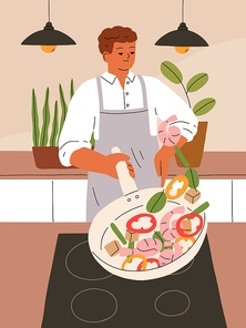 Man cooking vegetables and shrimps, frying seafood on pan. Person in apron prepares, cooks home-made dinner on cooker in kitchen. Guy flipping, tossing food on skillet. Flat vector illustration.