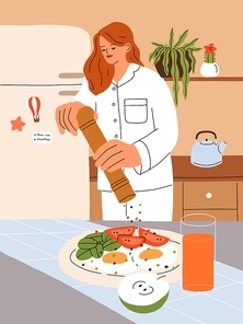 Girl cooking breakfast at home kitchen. Young woman in pajamas preparing morning dish with fried eggs, vegetables, adding sprinkling pepper on food. Cook process. Flat vector illustration.