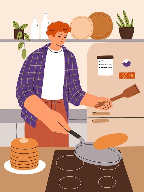 Man cooking pancakes at home kitchen. Person preparing sweet homemade breakfast dish in morning, making and turning, flipping crepes on pan and cooker. Cook process. Flat vector illustration.