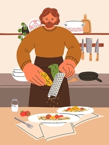 Man cooking homemade pasta for home dinner. Person prepares, cooks and serves Italian meal on plate at kitchen, grates cheese on vegetarian dish with vegetables, tomato. Flat vector illustration.