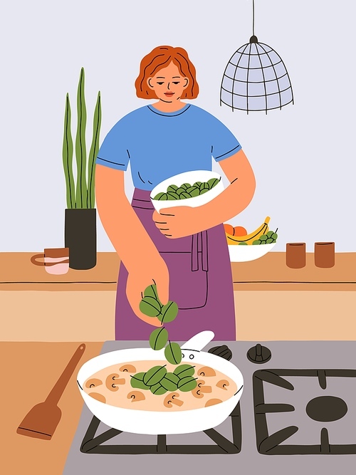 Woman cooking dinner at home kitchen. Young girl stewing mushrooms in cream on cooker. Female cooks, prepares homemade vegetarian dish, champignon and spinach in pan. Flat vector illustration.